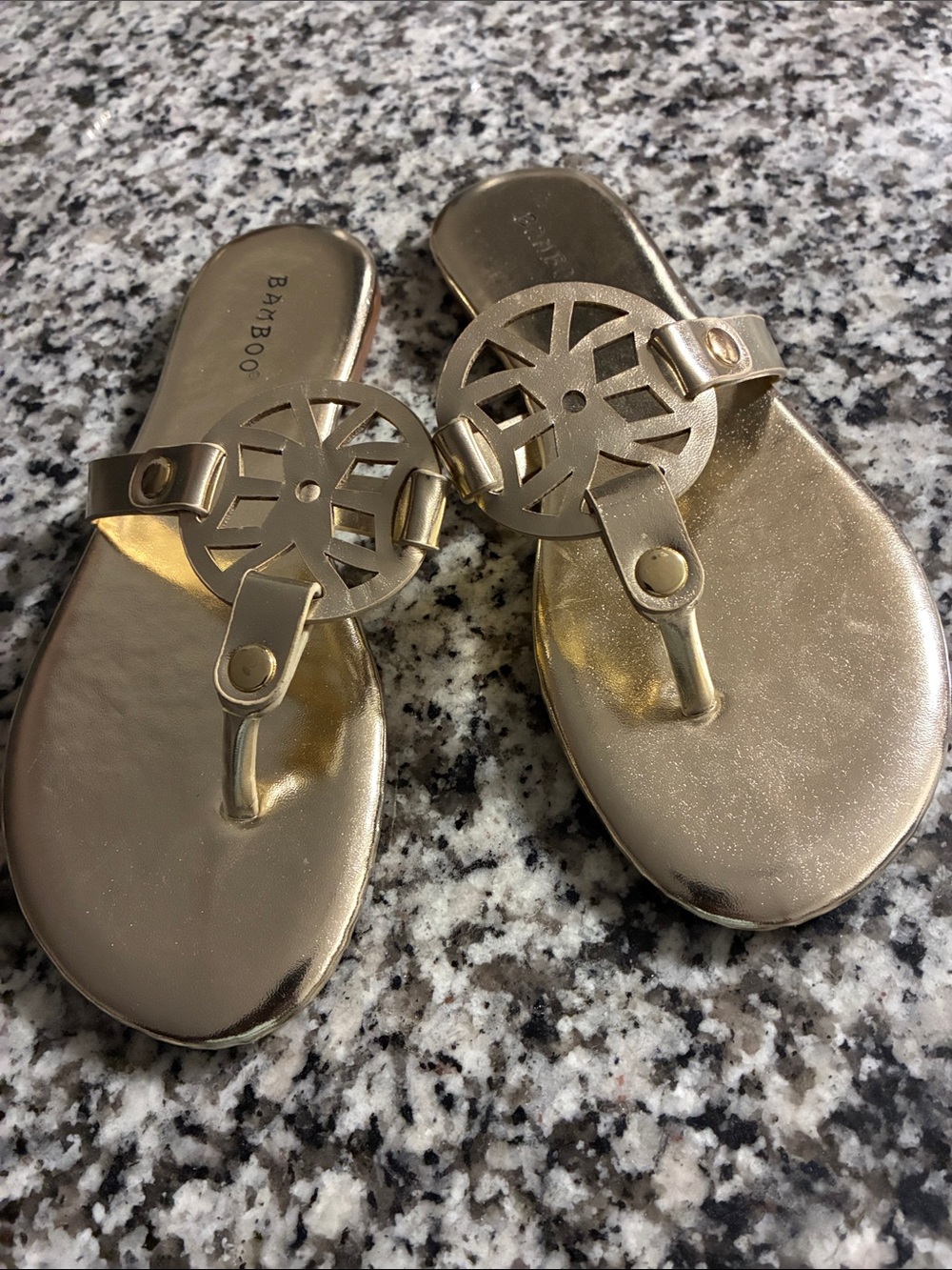 BAMBOO Metallic Gold Cutout Thong Sandals